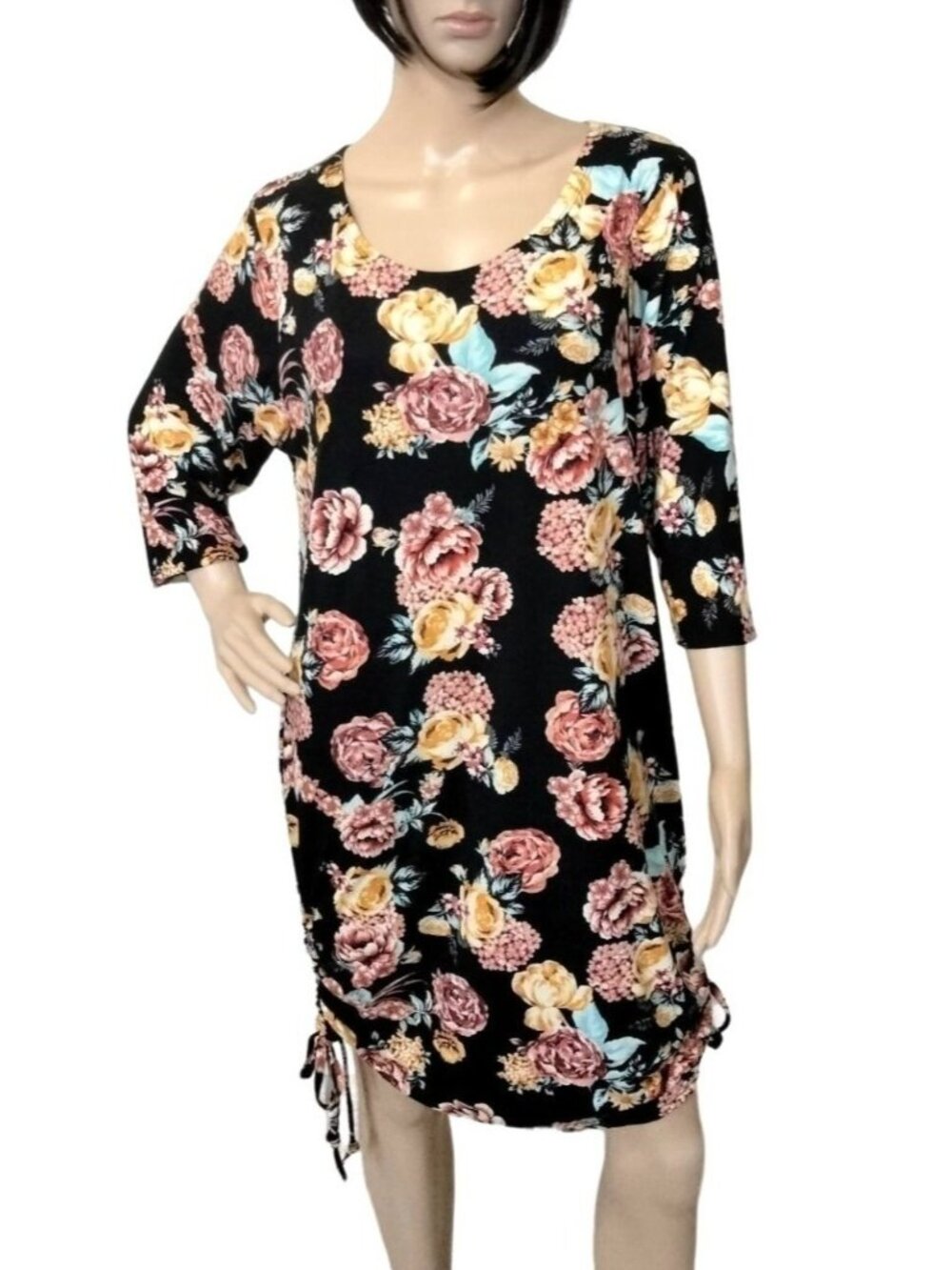 Butterflies & Rainbows Size 1X Dress Floral Black Adjustable Side Drawstrings - Picture 2 of 7